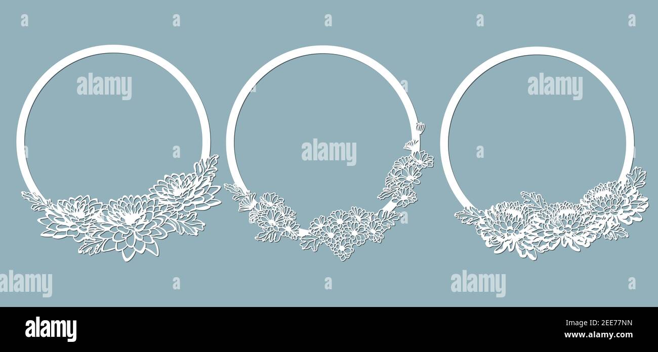 Crisantemi. Set dima per taglio laser e Plotter. Fiori, foglie per decorazione. Illustrazione vettoriale. Set adesivi fiori. Plotter e. Illustrazione Vettoriale