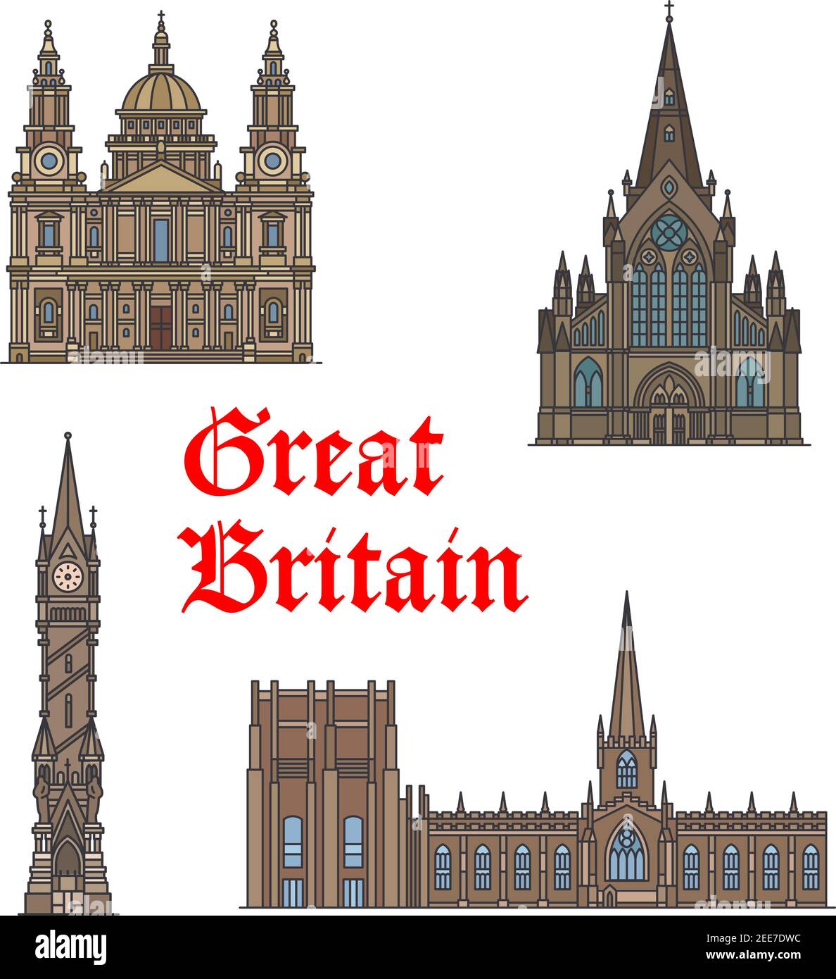Simbolo britannico di viaggio sottile linea icona insieme con l'architettura dell'Inghilterra. Cattedrale di St Paul, Cattedrale di Glasgow, Haymarket Memorial Clock Tower e Shef Illustrazione Vettoriale