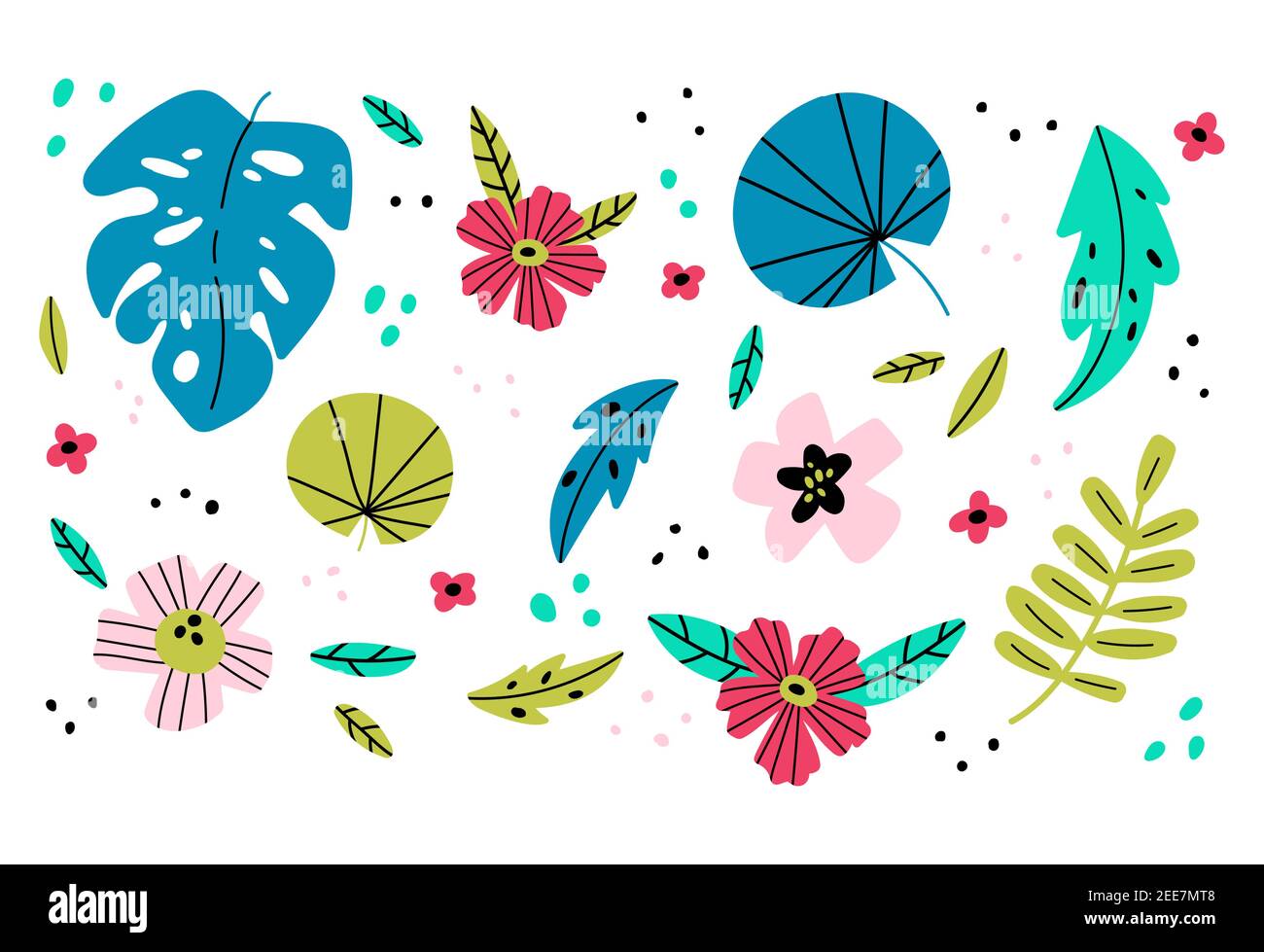 Sfondo con foglie tropicali e fiori Illustrazione Vettoriale