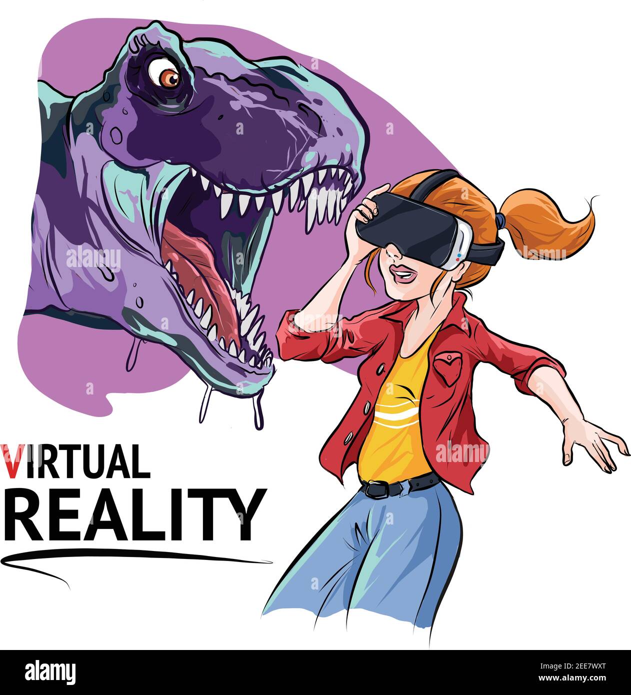 Immagine vettoriale di una ragazza che indossa cuffie per la realtà virtuale. Illustrazione Vettoriale