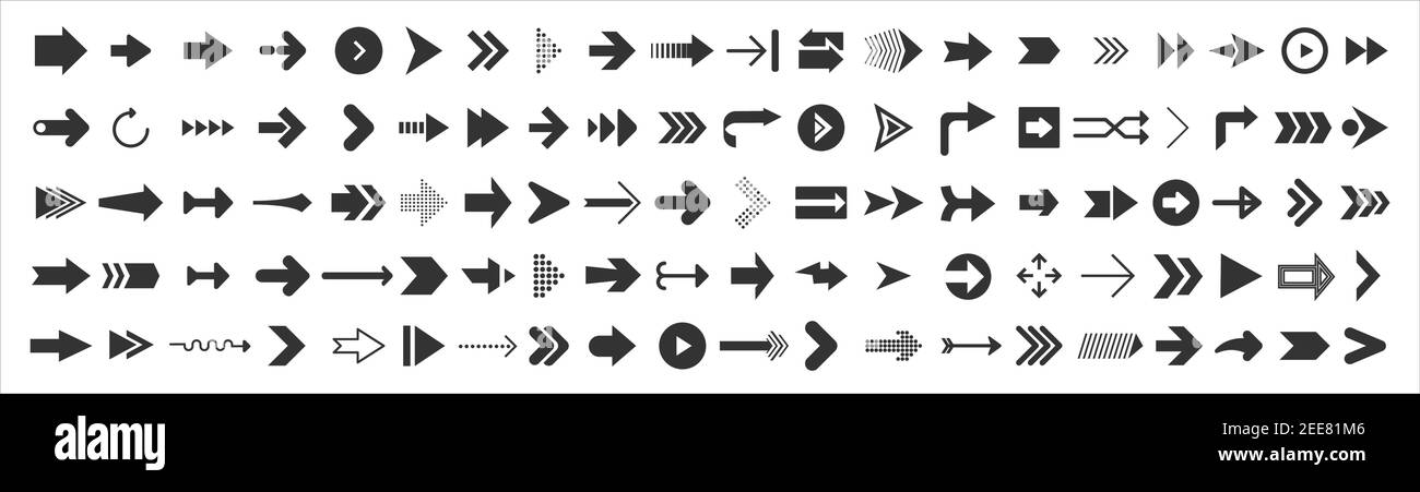 Serie grande di frecce del nastro. 100 icone con freccia nera isolate in bianco. Vettore cursore Illustrazione Vettoriale