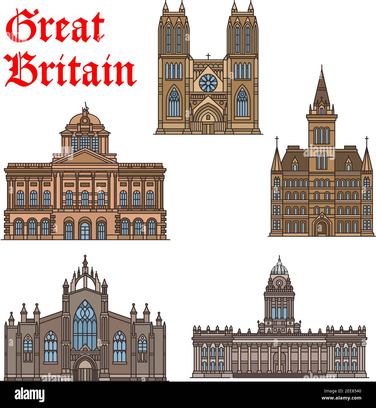 Punto di riferimento della Gran Bretagna insieme di icone. Edifici del municipio di Manchester, Liverpool e Leeds, la chiesa della cattedrale di Bristol e il St Giles Cat Illustrazione Vettoriale