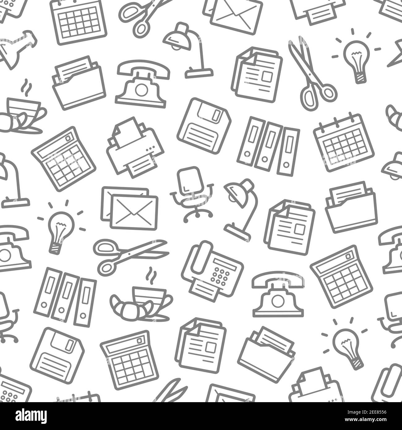 Forniture per ufficio e articoli di cancelleria per ufficio modello senza soluzione di continuità. Calcolatrice vettoriale, cartelle di file, lampada e caffettiera con croissant sul tavolo, phon Illustrazione Vettoriale