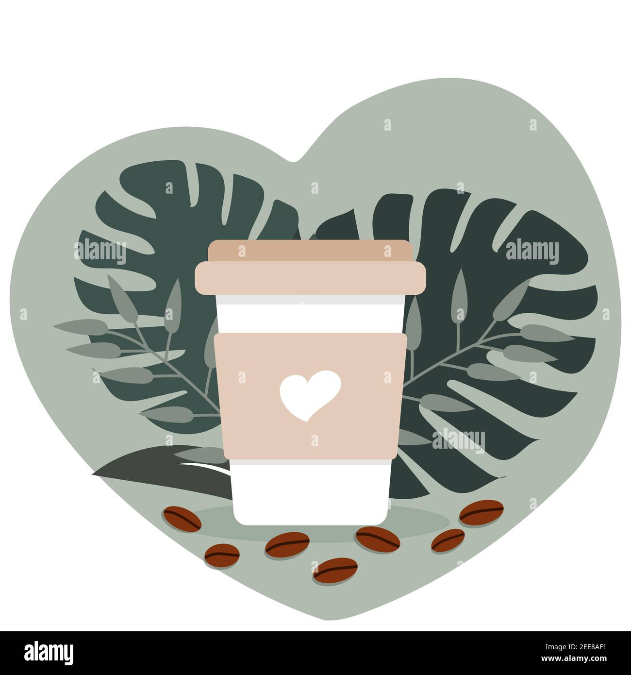 Illustrazione vettoriale del caffè da prelevare e dei chicchi di caffè con composizione delle foglie. Design per mensa, poster, schede. Illustrazione Vettoriale