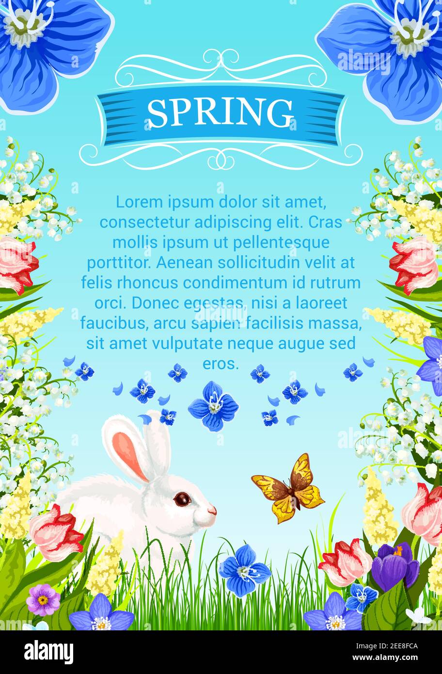 Poster vettoriale primaverile con messaggi di saluto. Disegno di fiori primaverili e bouquet floreali di croci fioriti, tulipani e narcisi, farfalle e. Illustrazione Vettoriale