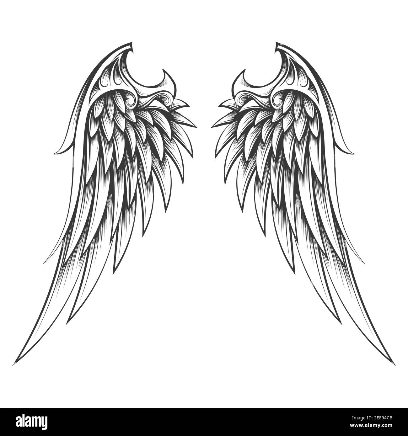 Tatuaggio delle ali disegnato in stile incisione su sfondo bianco. Illustrazione vettoriale. Illustrazione Vettoriale
