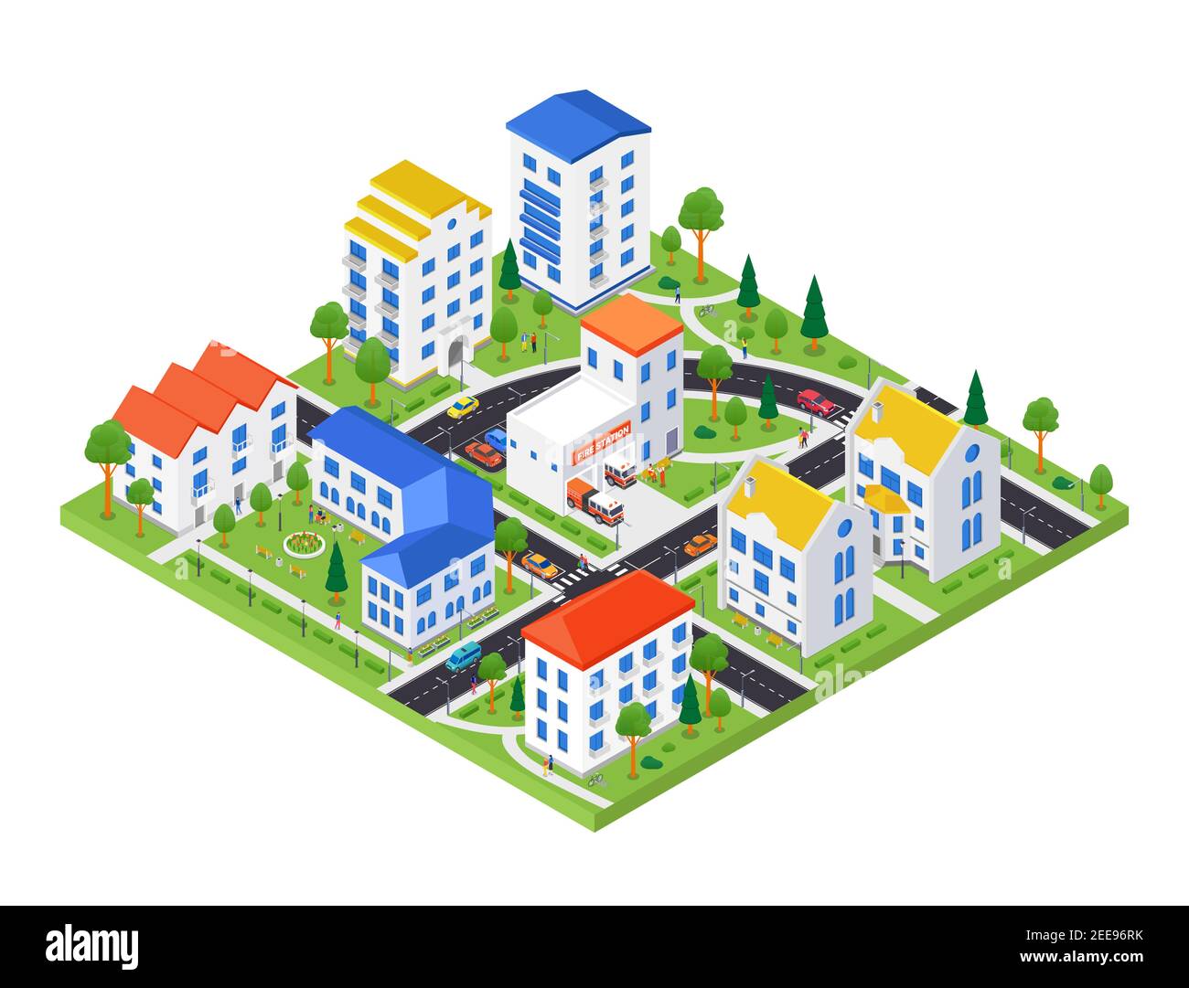 Quartiere della città - moderno vettore colorato illustrazione isometrica. Paesaggio urbano con case appartamento, stazione dei vigili del fuoco, strada con auto, alberi. Immobiliare Illustrazione Vettoriale