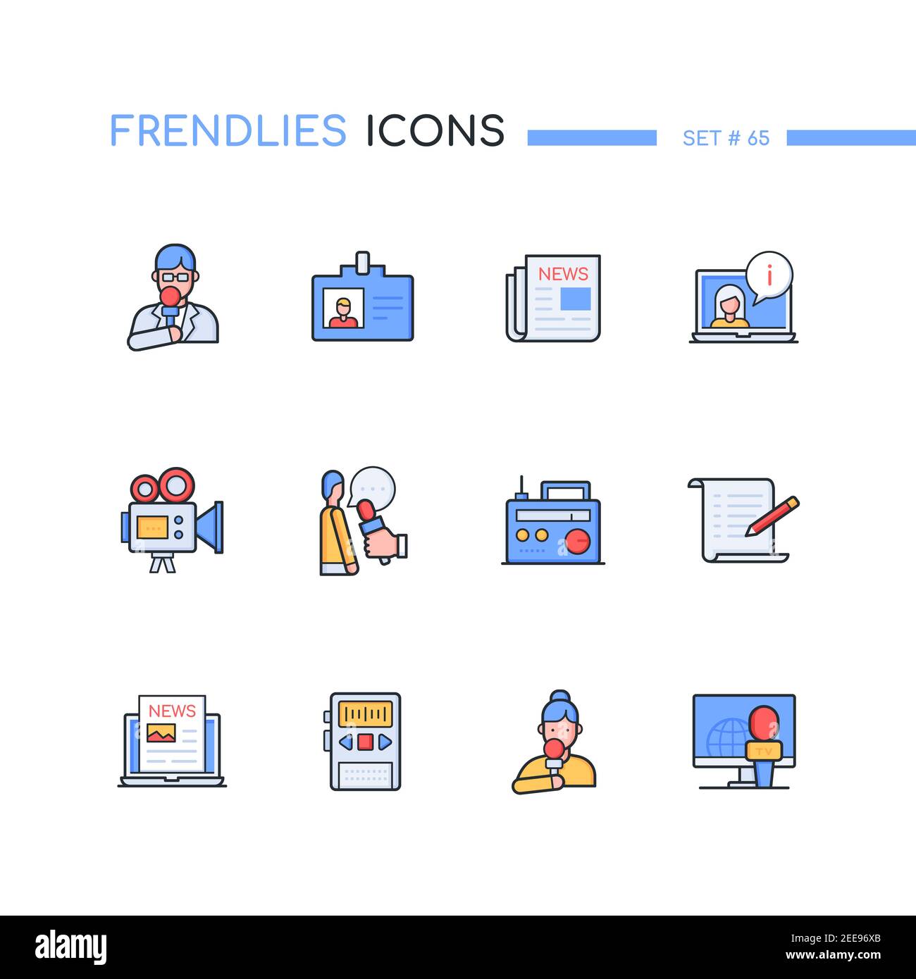 Mass media - Set di icone di stile moderno per il design delle linee. Idea giornalistica. Presentatori maschili e femminili, giornali, comunicati stampa, interviste, televisione, radio, vid Illustrazione Vettoriale