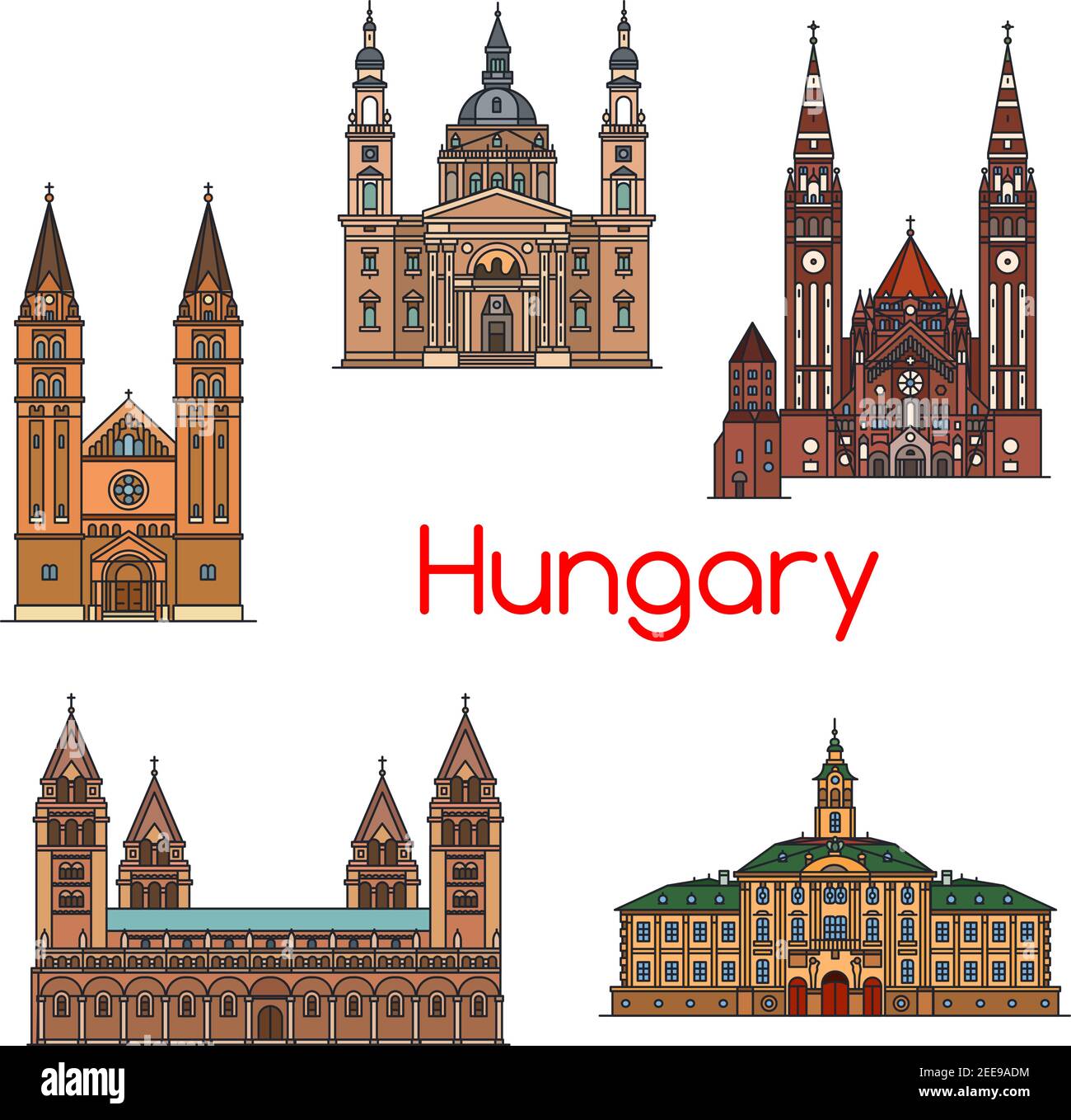 Vista turistica dell'Ungheria, set di icone a linea sottile. Il municipio di Szeged, la Chiesa Votiva e la Cattedrale di nostra Signora d'Ungheria, la Basilica di Santo Stefano, i Catholi Romani Illustrazione Vettoriale