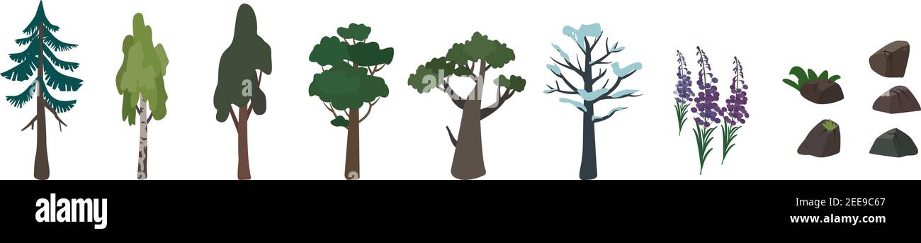 Set di icone di alberi betulla, quercia, abete rosso e pietra Illustrazione Vettoriale