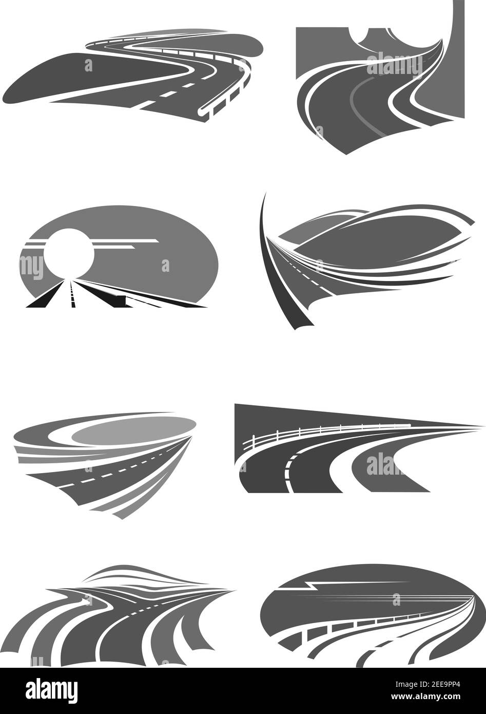 Strade e autostrade con ponti e gallerie icone vettoriali per imprese di costruzione di autostrade di viaggio o di sicurezza. Simboli isolati del percorso e del curv. Delle autostrade Illustrazione Vettoriale