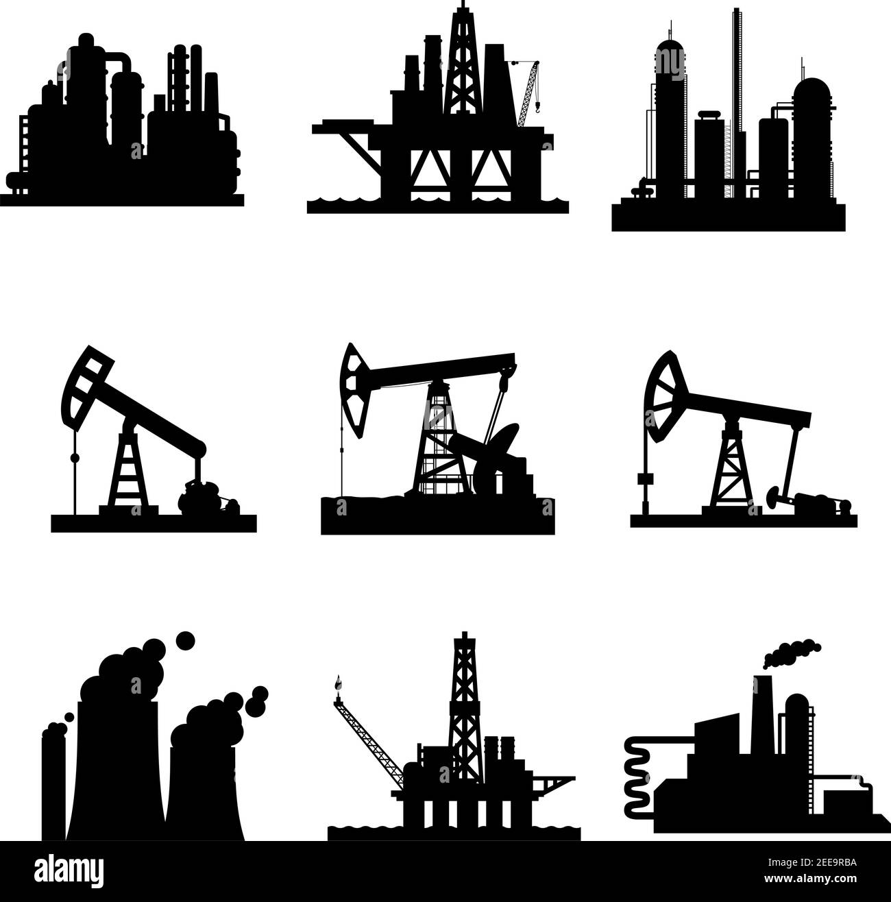 Set di icone delle stazioni minerarie delle pompe di estrazione del gas e dei derrick dell'olio. Simboli vettoriali isolati di piattaforme marine per la perforazione di petrolio, raffinerie di condotte e industriali Illustrazione Vettoriale