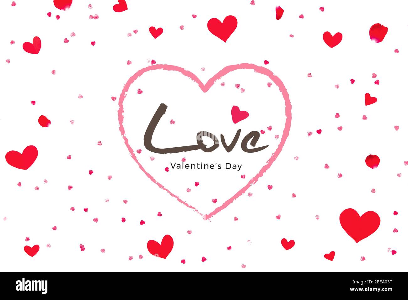Love San Valentino saluto testo su sfondo bianco con forme del cuore e petali di rosa Foto Stock