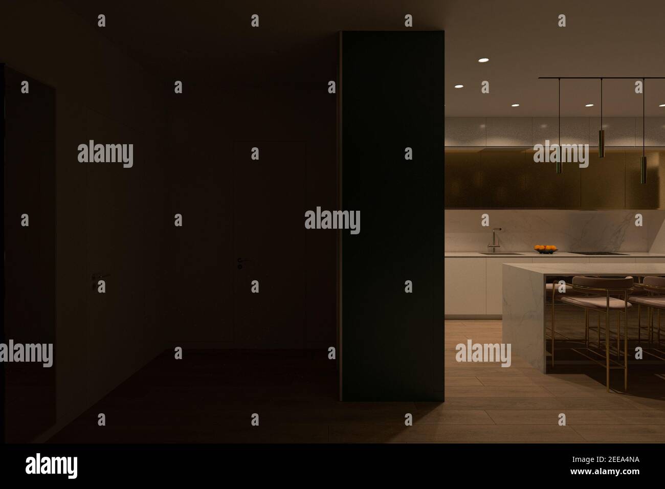 Design interno dell'appartamento in colori chiari. Visualizzazione realistica 3D al computer degli interni della cucina e della sala in uno stile moderno. Dayli Foto Stock