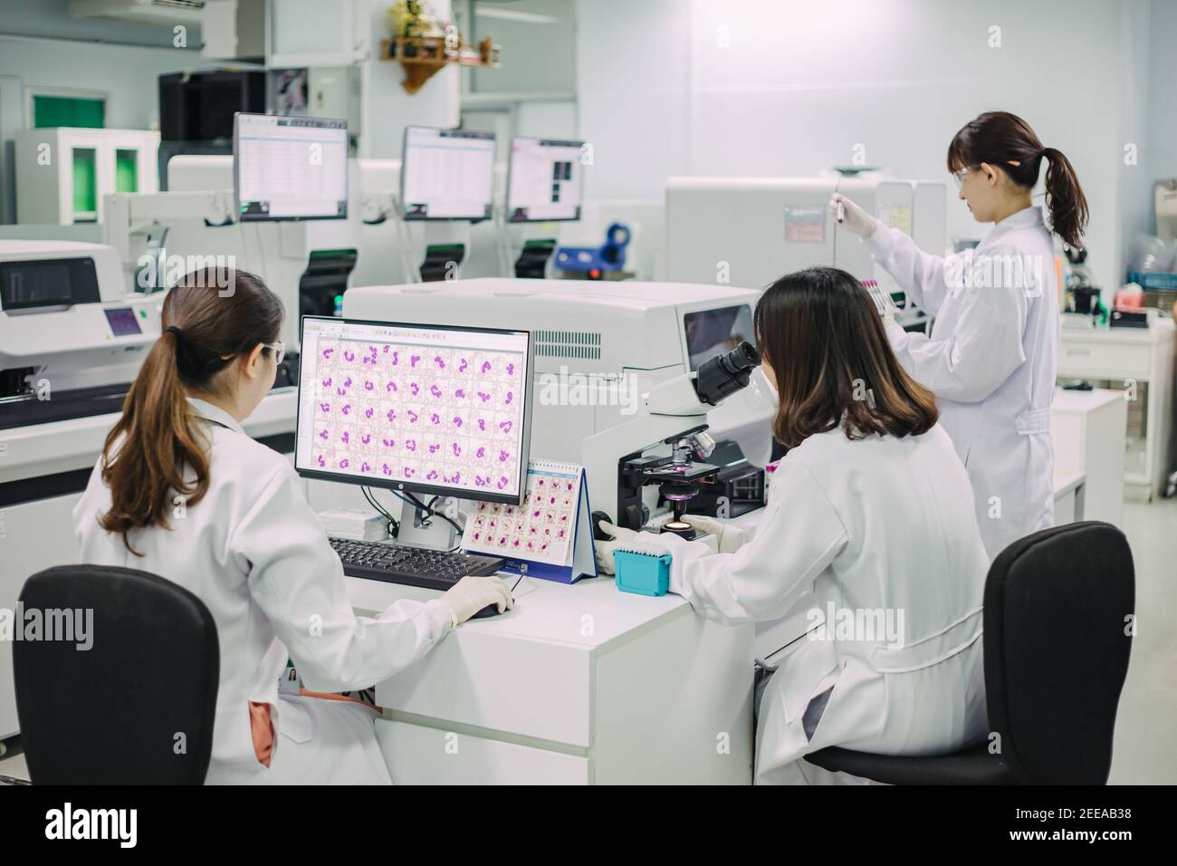 Medico che lavora per analizzare campioni di sangue in laboratorio di ricerca scientifica. Concetto di chimica biologica ematologia HIV. Foto Stock