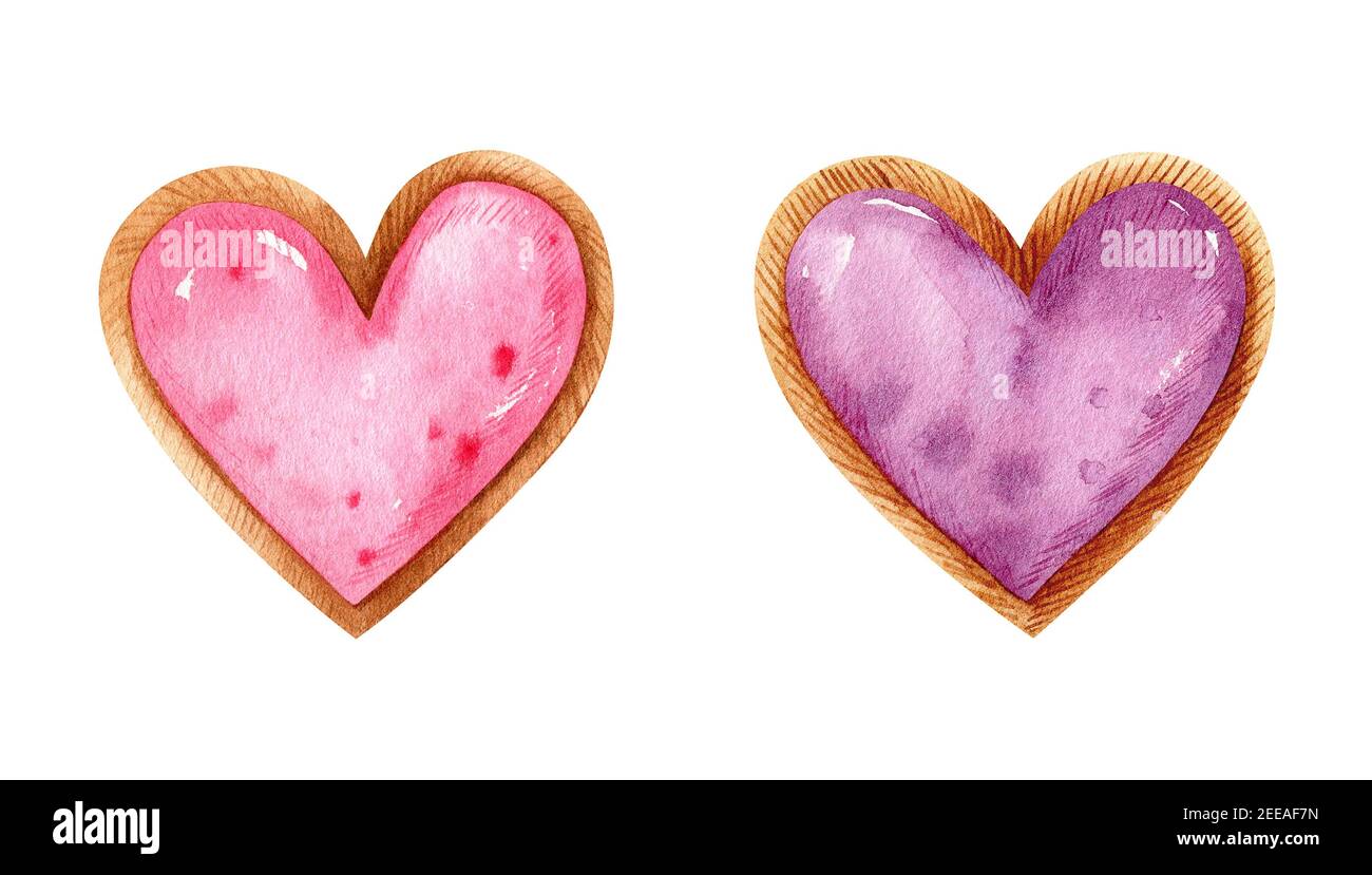 L'acquerello del giorno di San Valentino con dessert a forma di cuore. Biscotti con frutta ripieno e arredamento festivo. Illustrazione disegnata a mano. Foto Stock