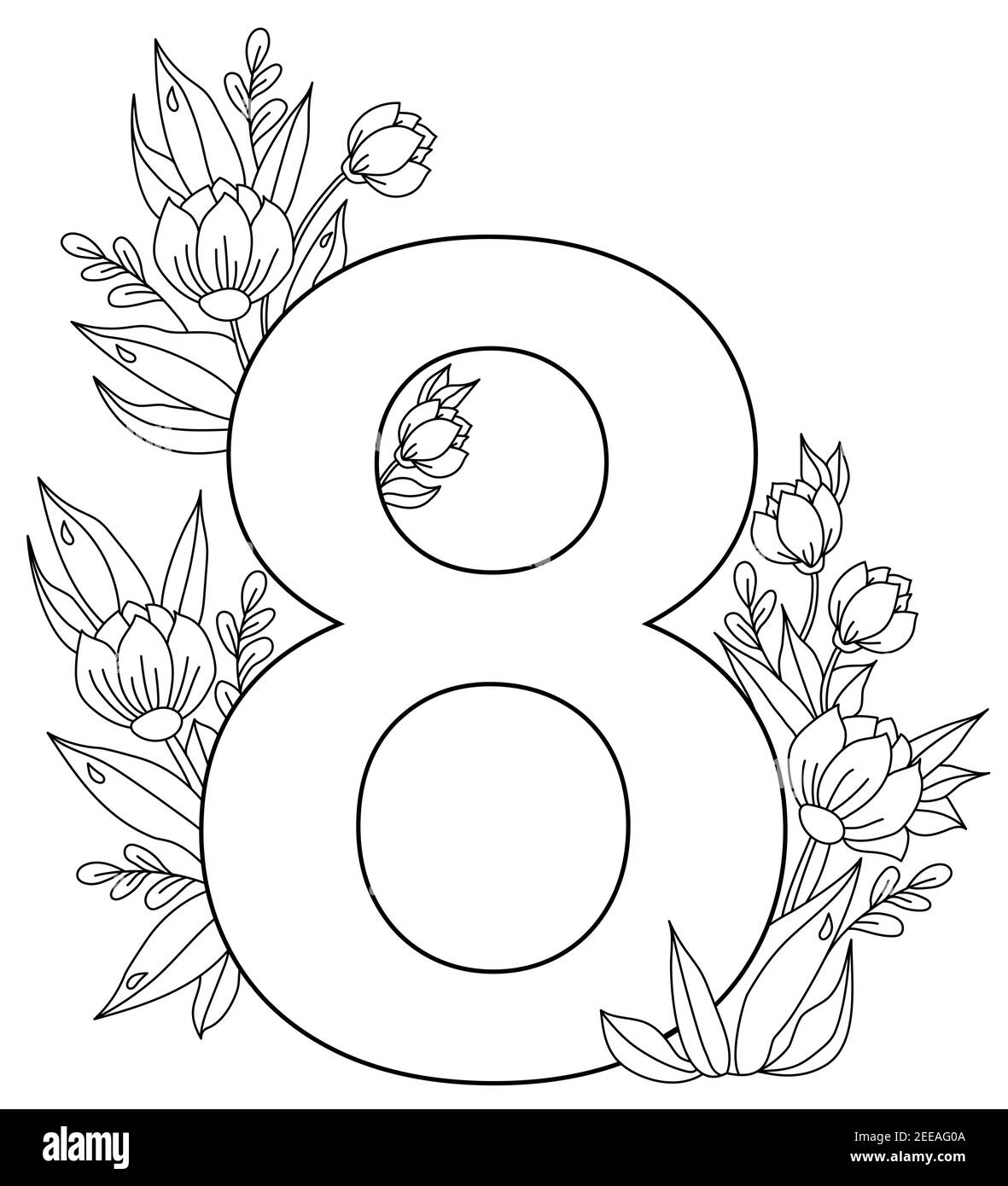 8 marzo. Tessera vacanze per la Giornata Internazionale della Donna. Numero otto, un bouquet di fiori, boccioli e foglie con gocce di rugiada. Vettore. Ornamento, linea nera, Illustrazione Vettoriale