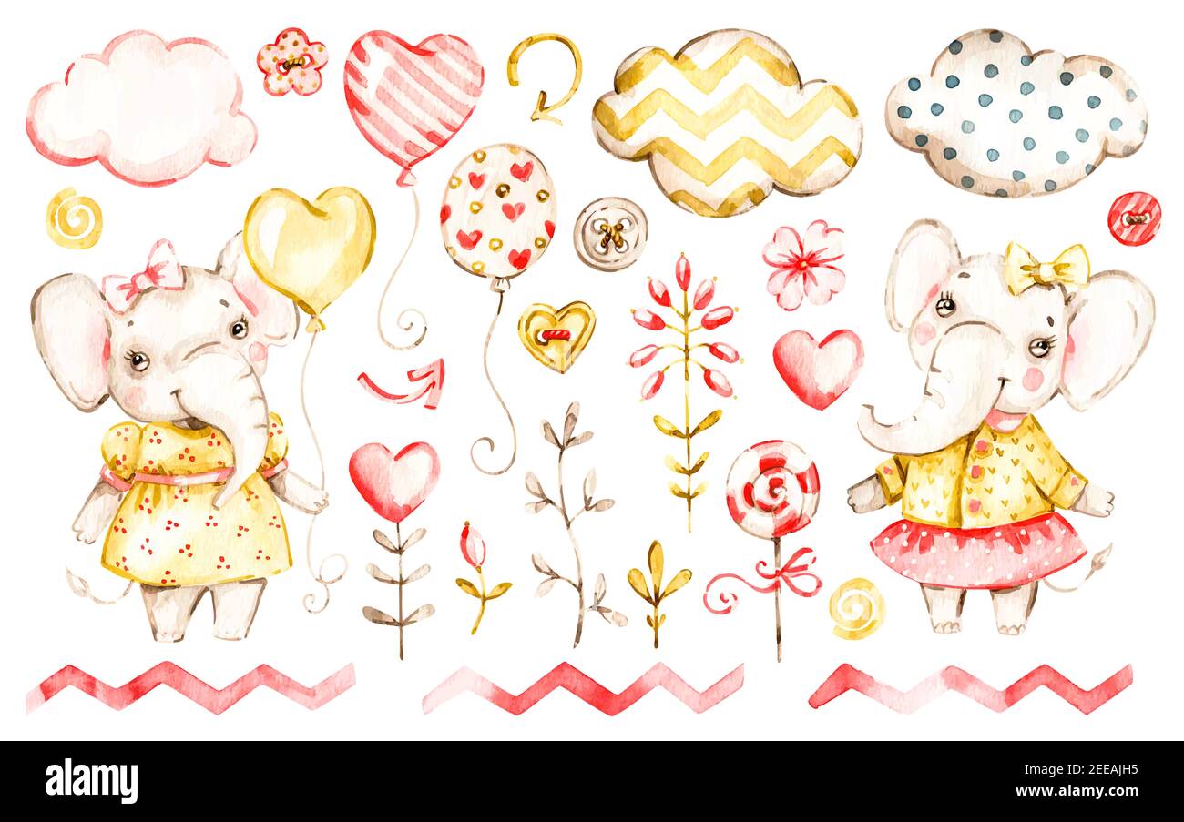 Carino elefante bambino ragazza. Watercolor vettore vivaio cartone animato giungla animali, nubi carine, palloncini. Adorabile set safari Nurseries Illustrazione Vettoriale