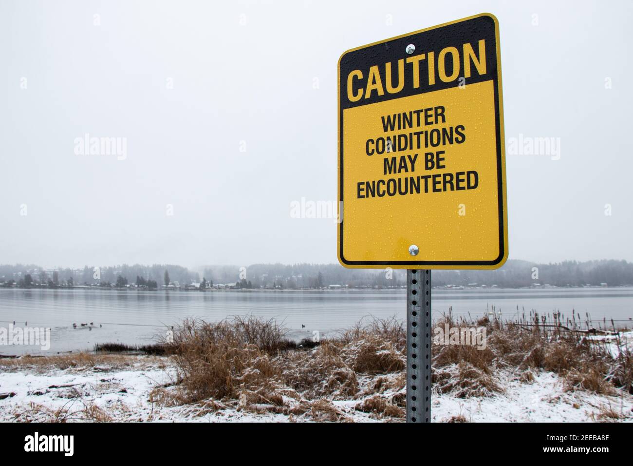 Vista del segno la condizione invernale può essere incontrata con la neve sullo sfondo. Percorso lungo il fiume Courtenay. Foto Stock