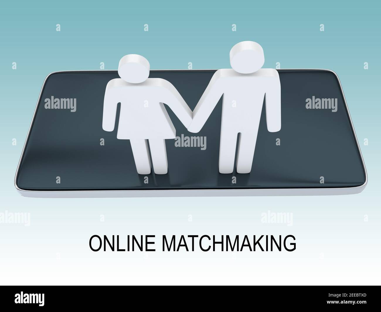 Illustrazione in 3D delle silhouette uomo e donna sullo schermo di un cellulare con il testo ON-LINE MATCHMAKING, isolato su gradiente blu. Foto Stock