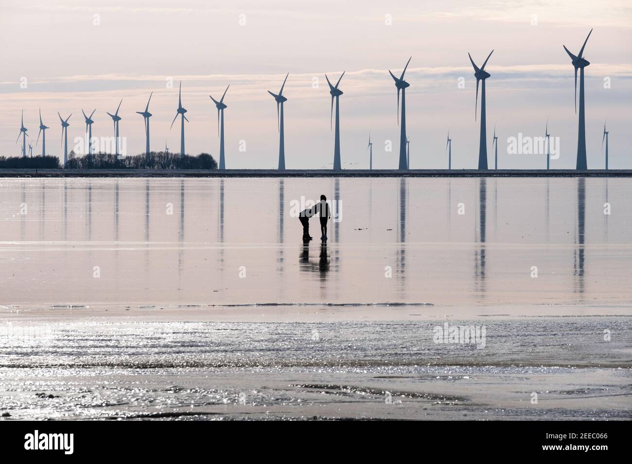 Silhouette di persone sul ghiaccio della baia ghiacciata di Lemmer, Paesi Bassi. In background mulini a vento per la generazione di energia Foto Stock