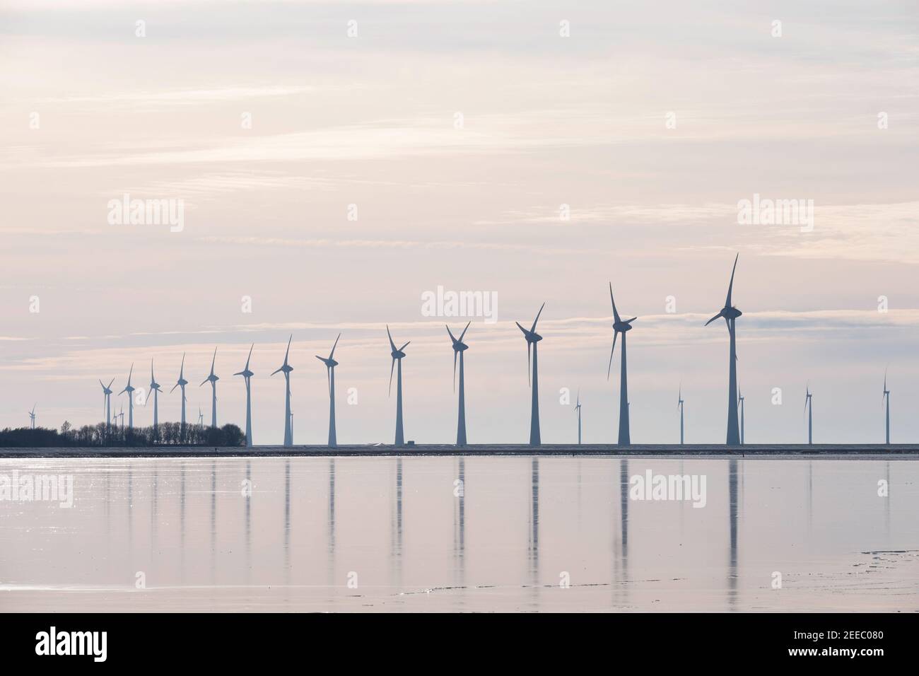 Parco dei mulini a vento nella baia di Lemmer nella Ijsselmeer, la più grande azienda eolica offshore dei Paesi Bassi. Scena invernale, mulini a vento sono riflessi in Foto Stock