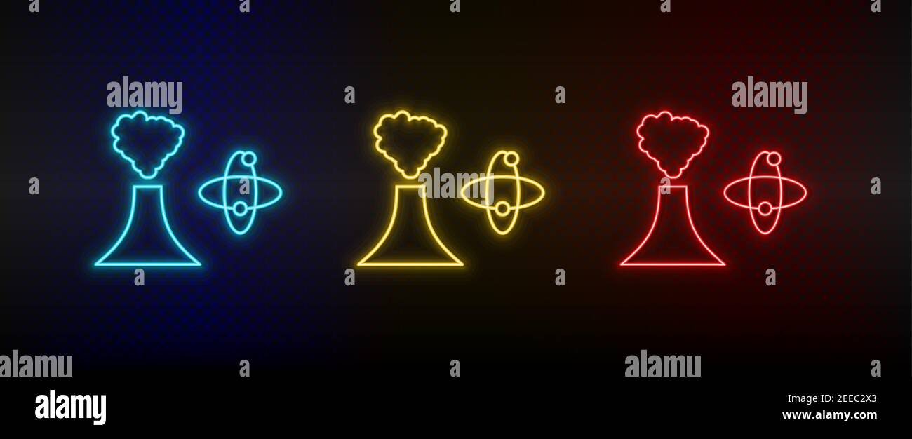 Icone al neon edifici, Vulcan, Atom. Set di icone vettoriali al neon rosse, blu e gialle Illustrazione Vettoriale