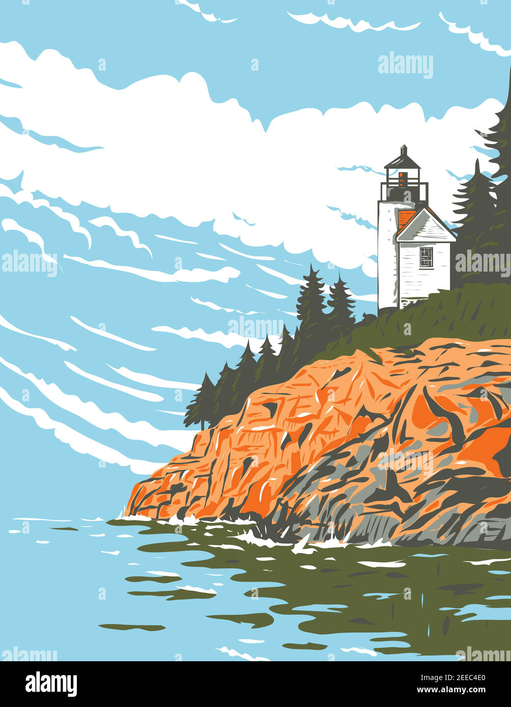 Poster WPA di Mount Desert Island nella contea di Hancock, la più grande isola al largo della costa del Maine parte del Parco Nazionale di Acadia fatto in progetto di opere Illustrazione Vettoriale