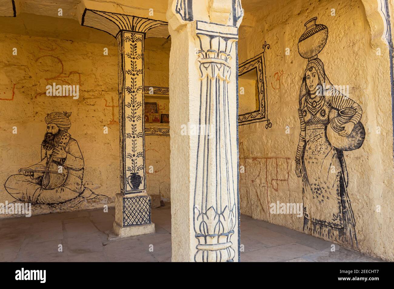 Dipinti che mostrano le tradizioni di Rajasthan, Jaisalmer, Rajasthan, India. Foto Stock