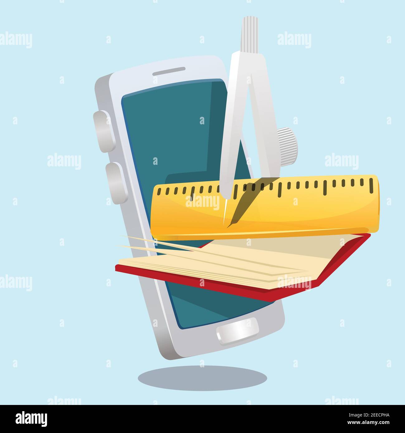 righello, matita, calibri e libro per sienza e conoscenza applicazioni per smartphone giocattolo 3d come icona di illustrazione vettoriale Illustrazione Vettoriale