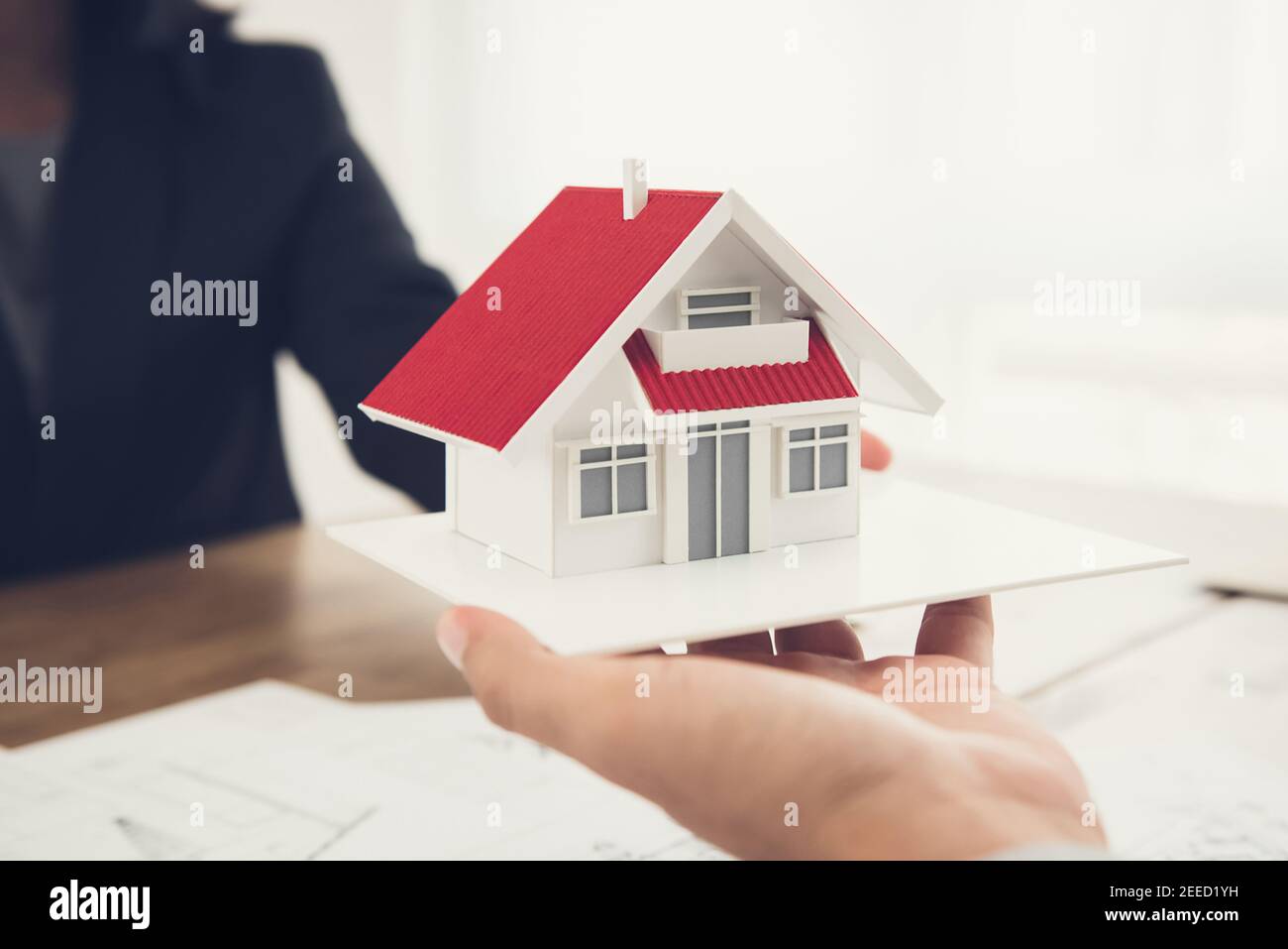 Agente immobiliare o architetto che presenta modello di casa al cliente da prendere in considerazione prima di stipulare un accordo Foto Stock