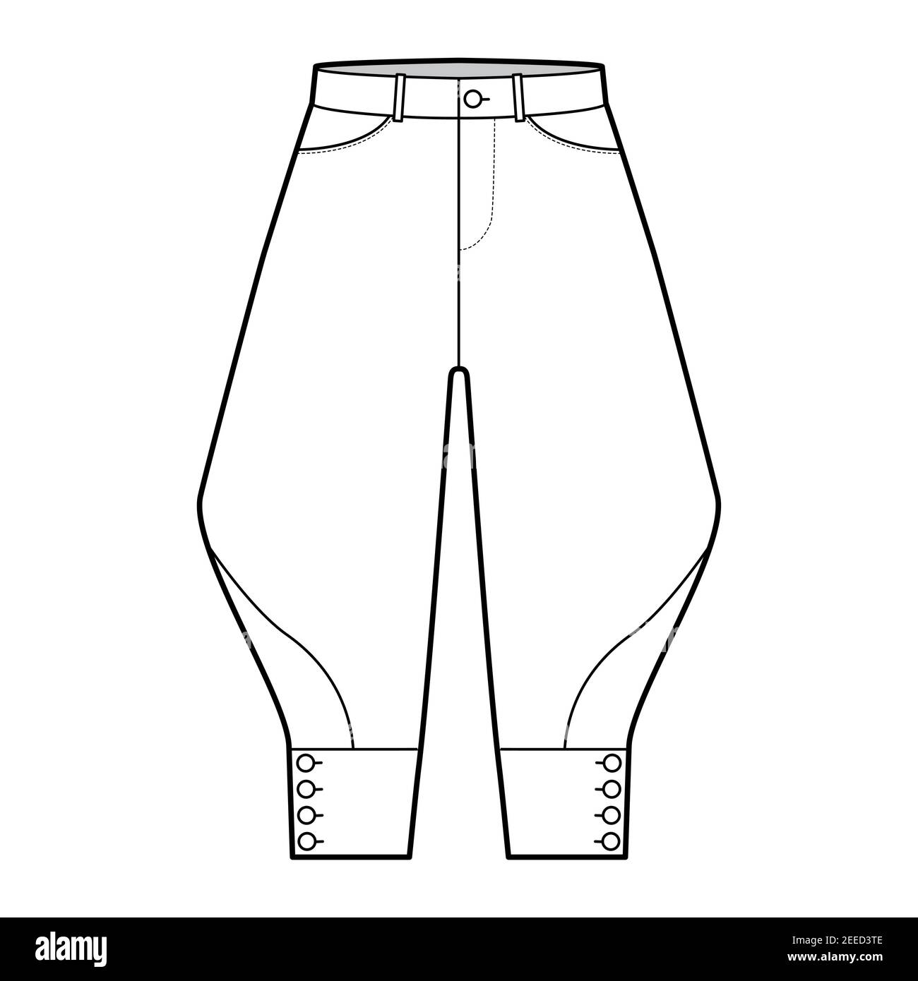 Cavalcate pantaloni corti illustrazione tecnica di moda con lunghezza del  ginocchio, vita bassa, salita, tasca curva, bottonata. Lato anteriore del  modello a fondo piatto, colore bianco. Donne, uomini CAD mockup Immagine e