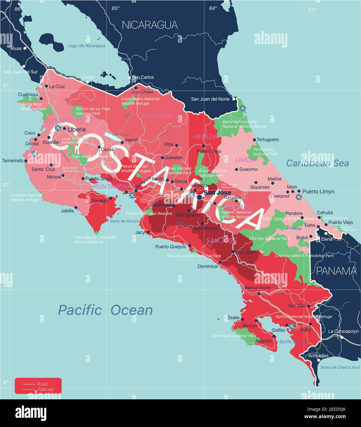 Paese Costa Rica Mappa dettagliata modificabile con regioni città e città, strade e ferrovie, siti geografici. File vettoriale EPS-10 Illustrazione Vettoriale