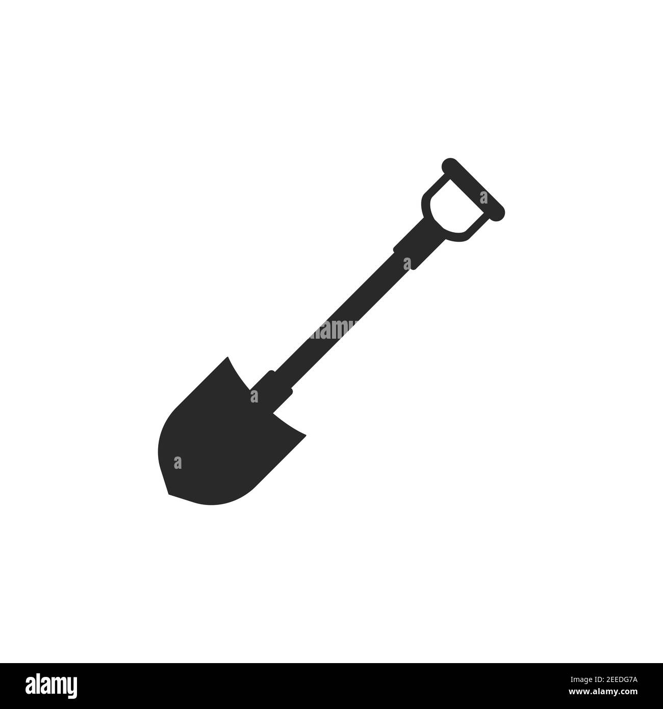 Icona dell'escavatore nero isolata su bianco. Attrezzo di giardinaggio e di agricoltura. Simbolo di scavo, manutenzione, costruzione. Illustrazione piatta del vettore a spade. Illustrazione Vettoriale