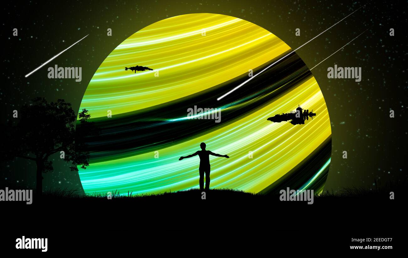 Un uomo di notte all'aperto con le mani separate, sollevato all'aria sullo sfondo del cielo stellato con astronavi e un bel neon incandescente Foto Stock