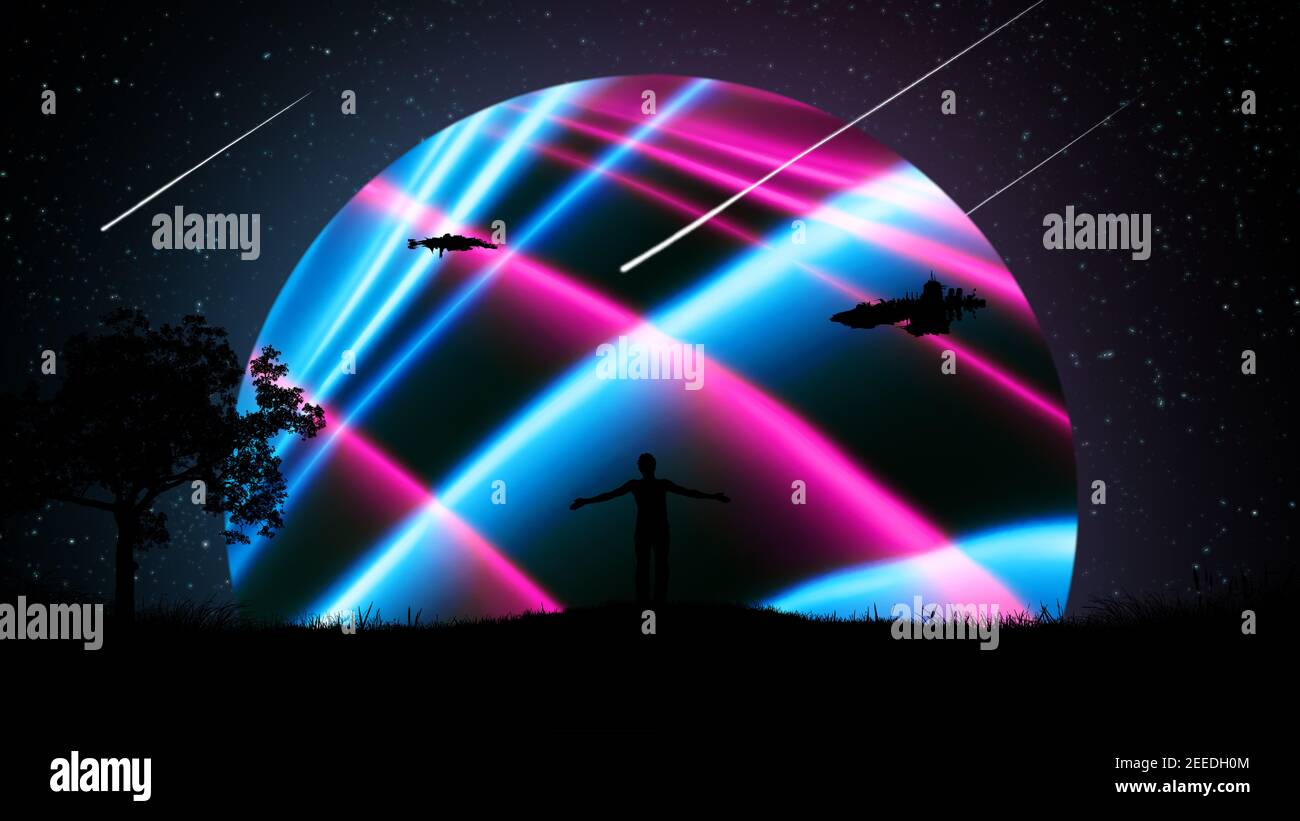 Un uomo di notte all'aperto con le mani separate, sollevato all'aria sullo sfondo del cielo stellato con astronavi e un bel neon incandescente Foto Stock