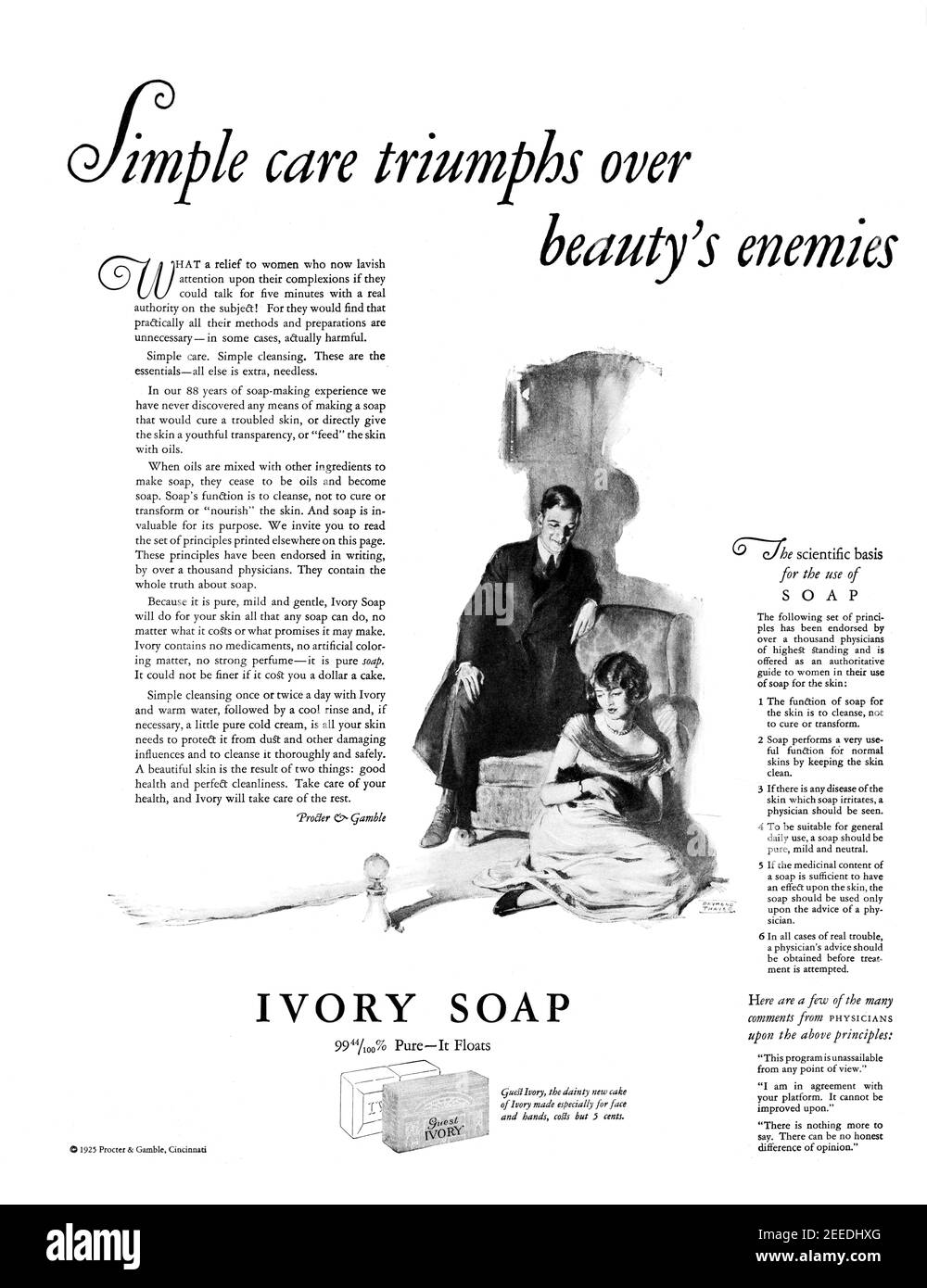 1925 Ivory SOAP 'Simple Care Triumphs Over Beauty's Enemies' Annuncio, ritoccato e ravvivato, pulito, qualità poster, 600dpi Foto Stock