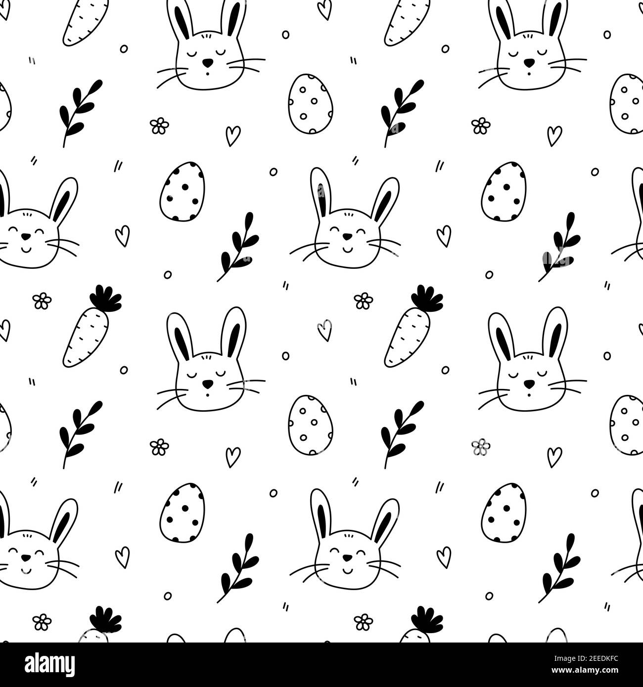 Modello pasquale senza giunture. Сute coniglietti, uova di Pasqua festive, carote, ramoscelli primavera e fiori. Illustrazione vettoriale disegnata a mano in stile doodle. Illustrazione Vettoriale