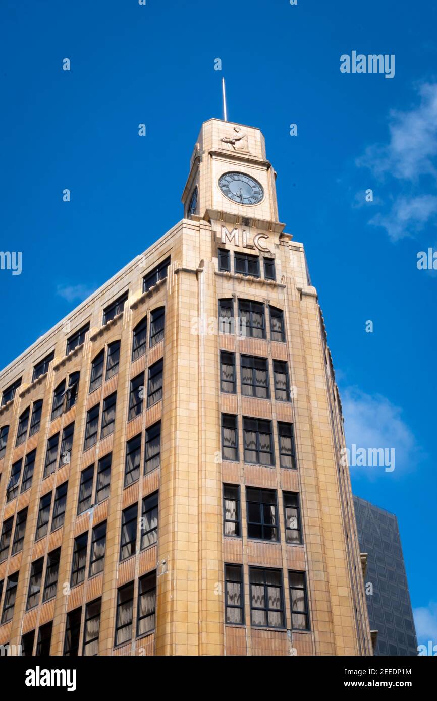 Edificio MLC nel centro di Wellington, Isola del Nord, Nuova Zelanda Foto Stock