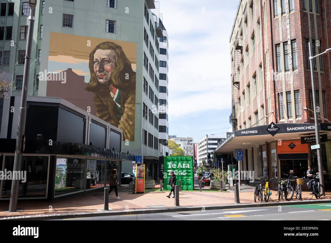 Murale di Frances Hodgkins, artista, 1869 – 1947, in Bond Street, Wellington, Isola del Nord, Nuova Zelanda Foto Stock