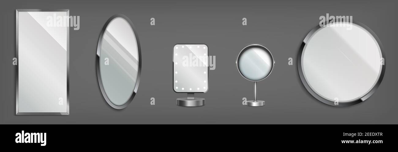 specchi 3d, tavolo da trucco e bicchieri decorativi da parete con cornici rotonde, ovali e rettangolari. Trucco o arredamento interno che riflette le superfici in vetro. Modelli vettoriali realistici, set di icone isolate Illustrazione Vettoriale