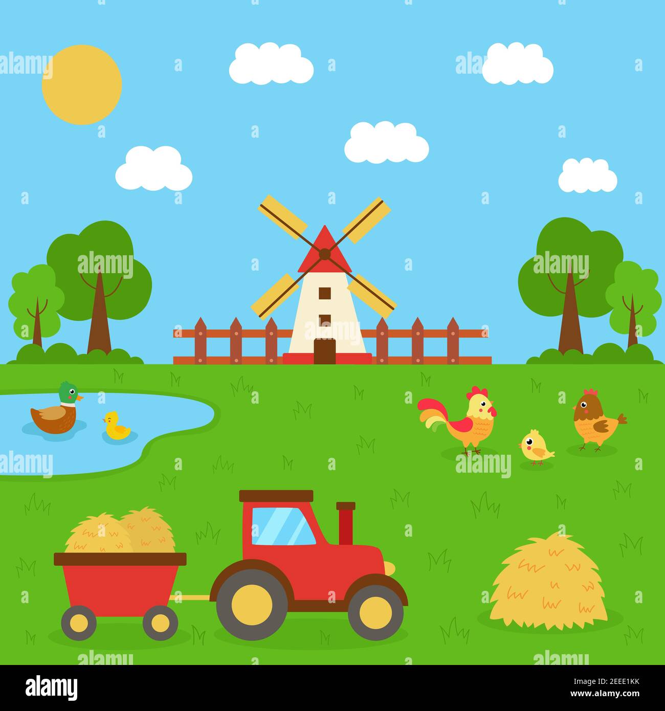 Carino scena agricola in estate. Trattore sul campo. Uccelli domestici in campagna paesaggio. Illustrazione Vettoriale