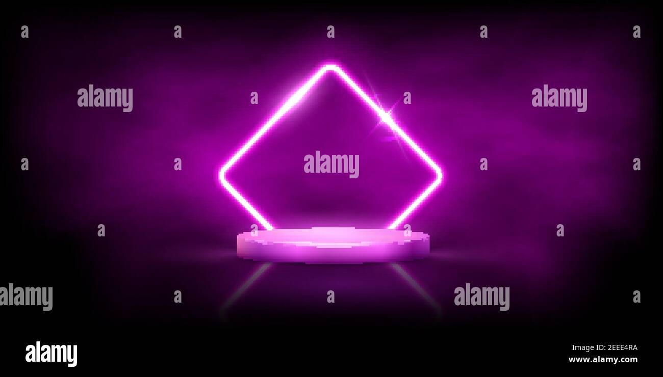 Rombo rosa al neon brillante con scintille in nebbia sul podio rotondo. Quadro elettrico astratto su sfondo nero. Vettore di disegno geometrico di moda ill Illustrazione Vettoriale