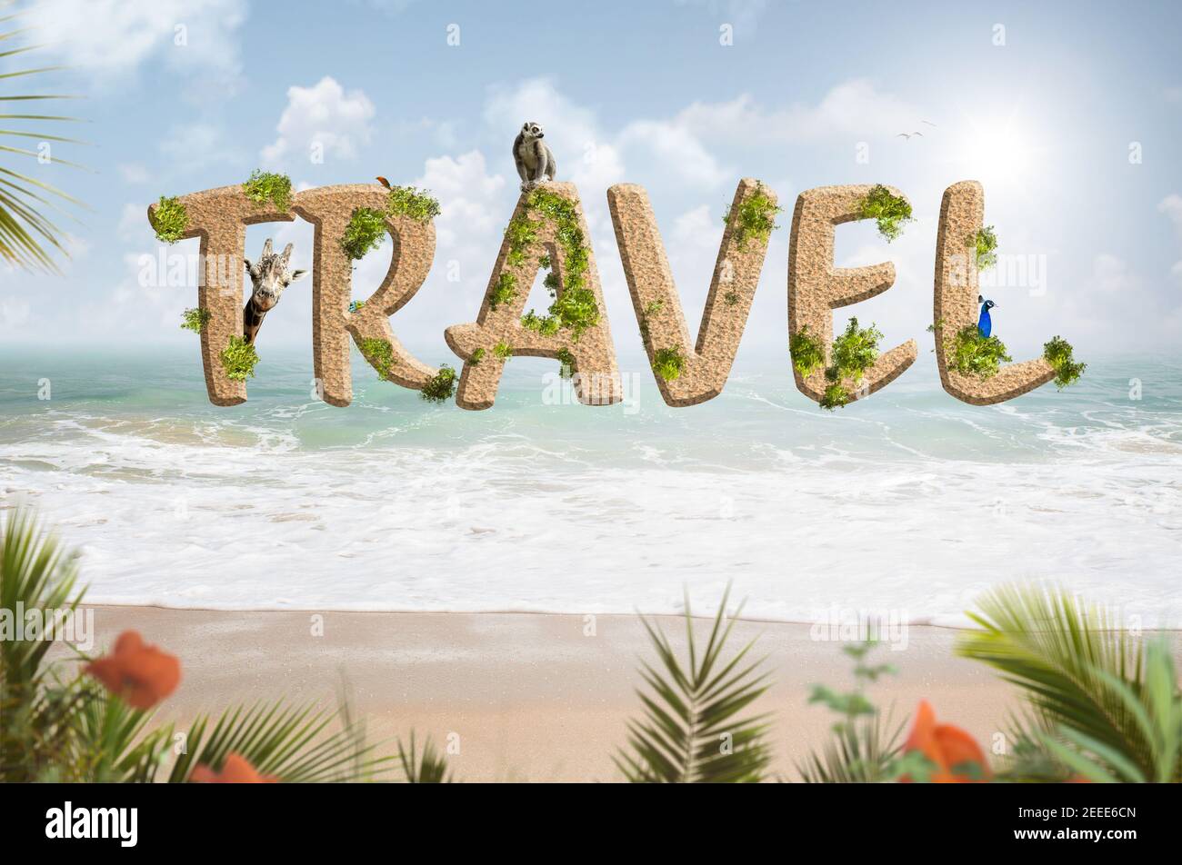 Viaggio scritta su uno sfondo tropicale spiaggia con foglie di palma ed animali esotici Foto Stock