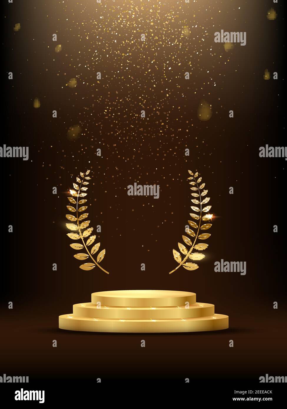 Podio d'oro a tre gradini con corona d'alloro sotto lo scriccing gold glitter isolato su sfondo scuro. Illustrazione vettoriale Illustrazione Vettoriale