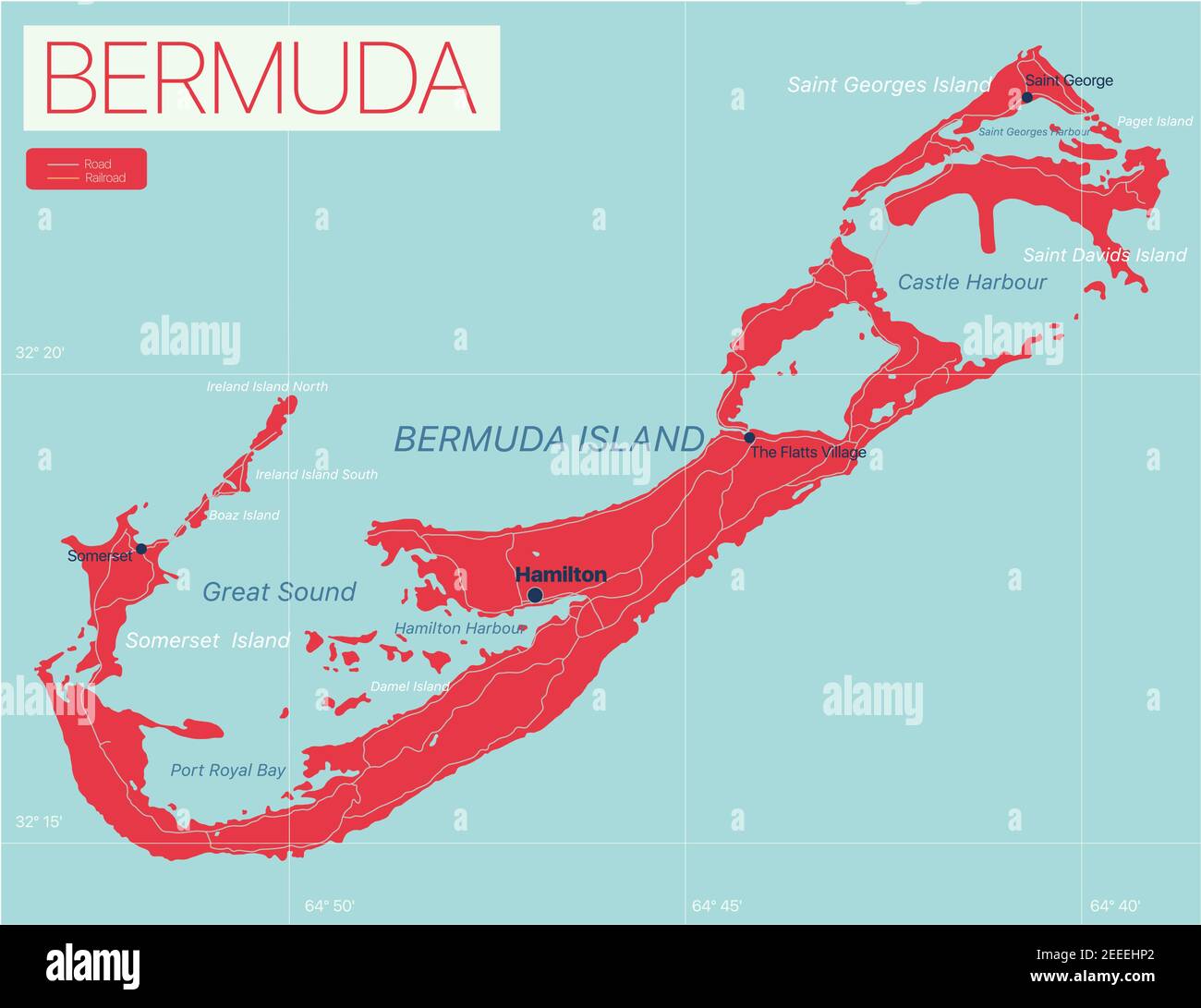 Bermuda Mappa dettagliata modificabile con regioni città e città, strade e ferrovie, siti geografici. File vettoriale EPS-10 Illustrazione Vettoriale