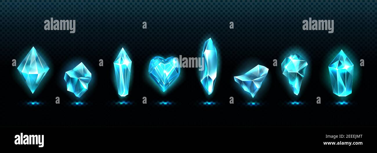 Pietre smeraldo preziose, cristalli di vetro blu lucido isolati su sfondo trasparente. Insieme vettoriale realistico di gemma incandescente in forma di cuore e cristalli gemme con luce magica Illustrazione Vettoriale