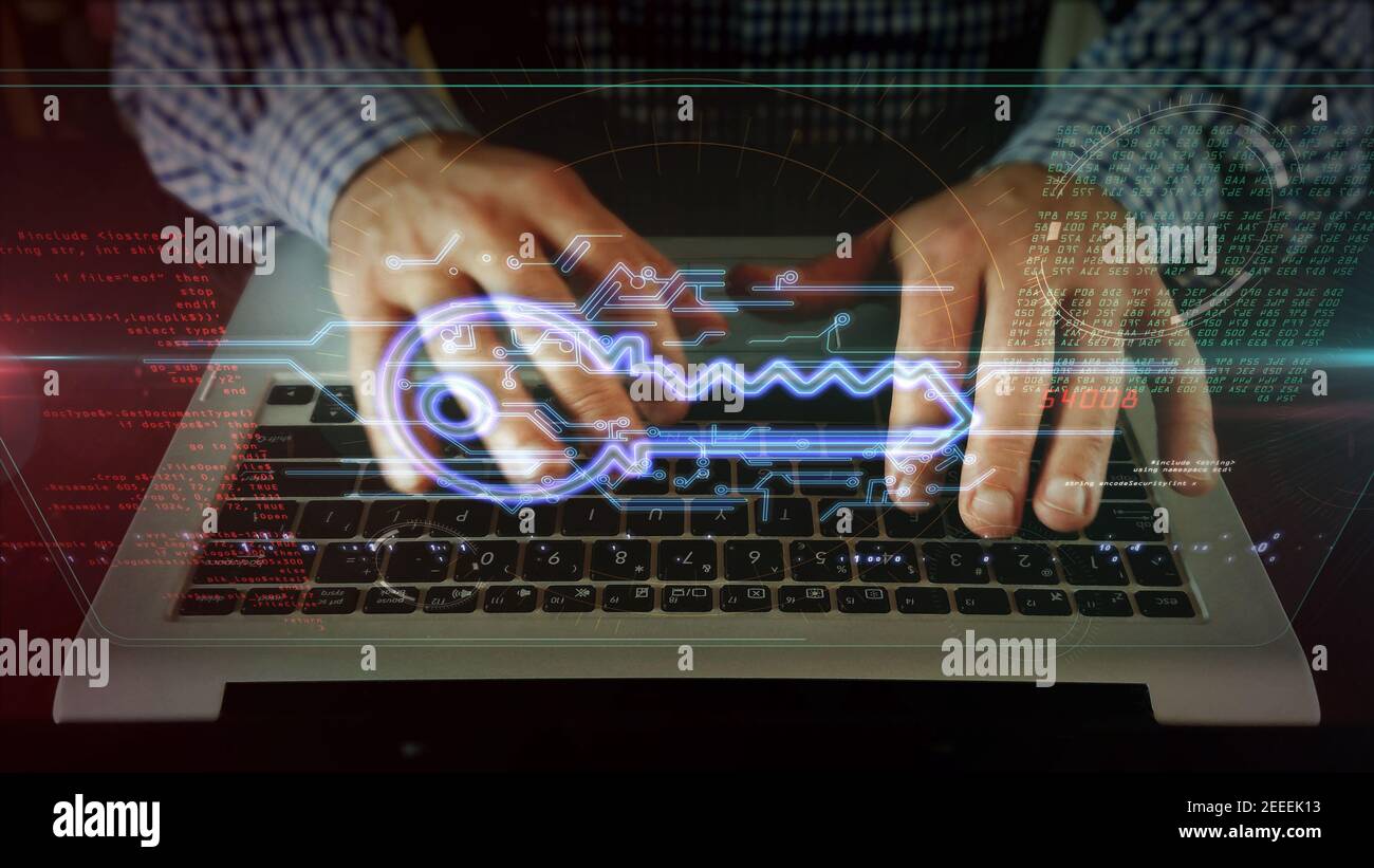 Concetto di crittografia digitale con simbolo della chiave cibernetica, segreto, privacy, sicurezza del computer e icona di sicurezza dei dati. Illustri di rendering 3d astratto futuristico Foto Stock