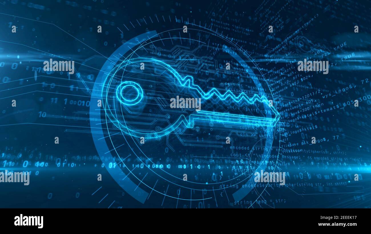 Concetto di crittografia digitale con simbolo della chiave cibernetica, segreto, privacy, sicurezza del computer e icona di sicurezza dei dati. Illustri di rendering 3d astratto futuristico Foto Stock
