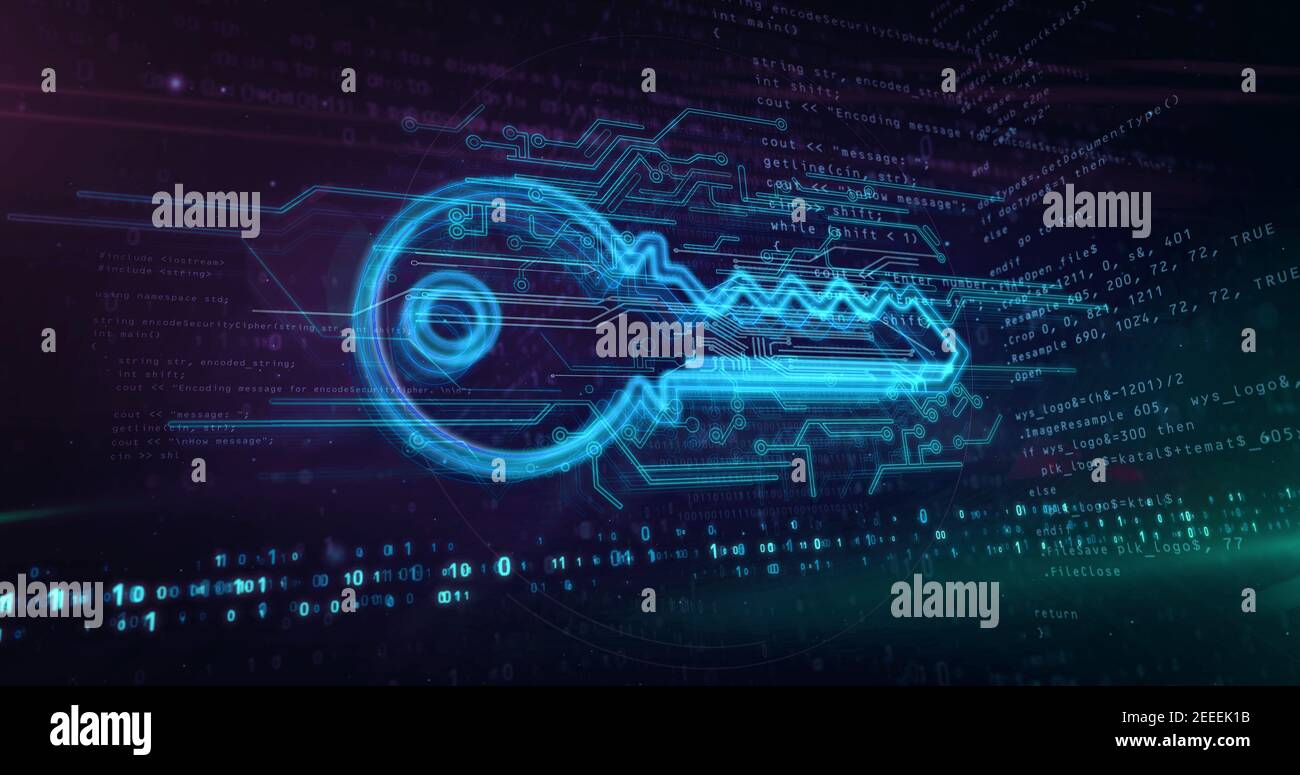 Concetto di crittografia digitale con simbolo della chiave cibernetica, segreto, privacy, sicurezza del computer e icona di sicurezza dei dati. Illustri di rendering 3d astratto futuristico Foto Stock
